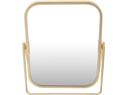 Espelho de maquiagem metálico com design simples e elegante e suporte giratório.