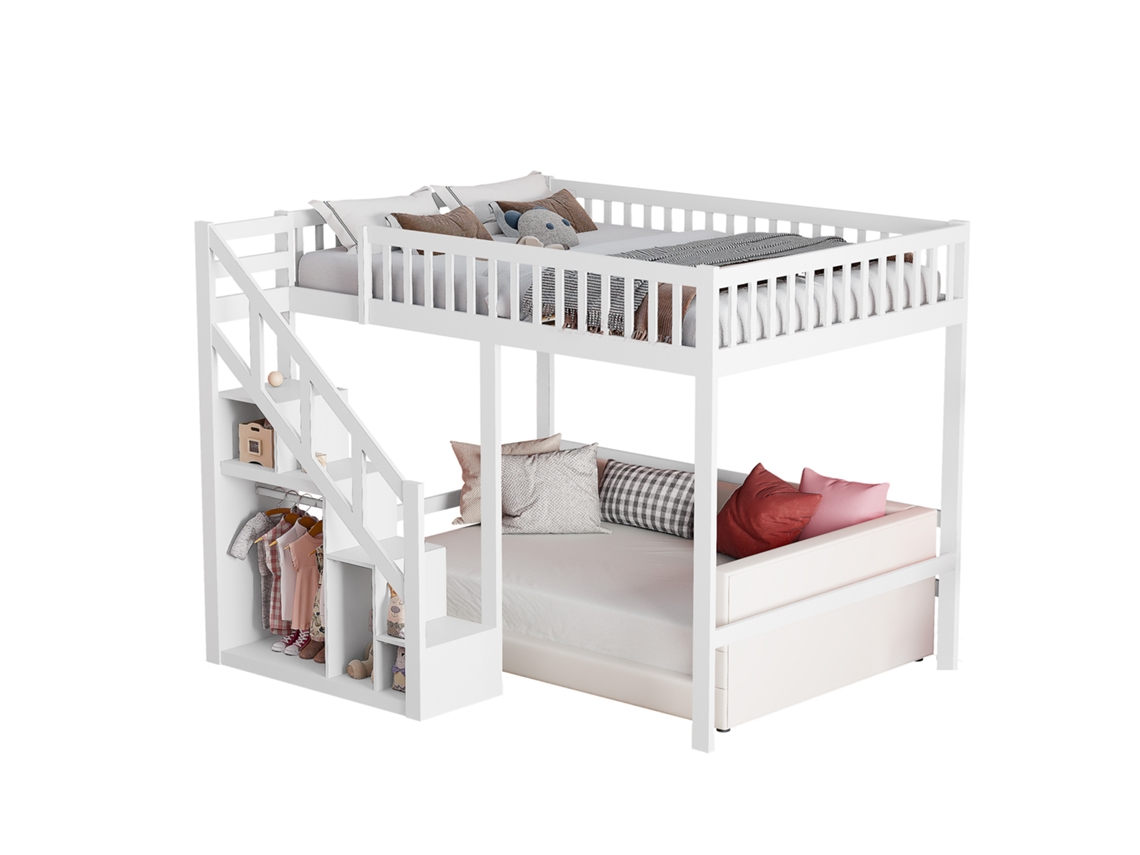 Beliche Infantil MEXUS em Madeira com Estrado de Ripas, Prateleira e Escada (90x200 cm)