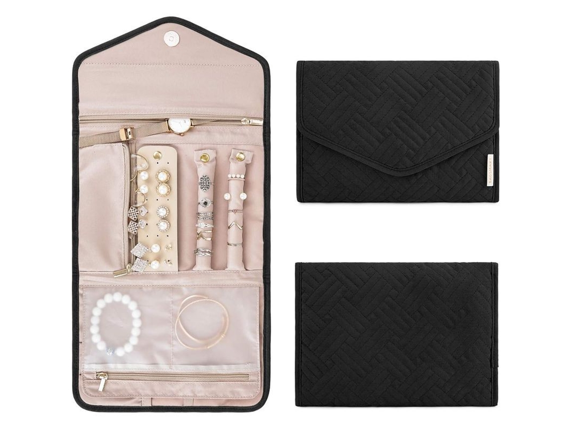 2026-organizador De Joyas Plegable Para Viajes, Estuche De Joyería Negro Con 5 Compartimentos