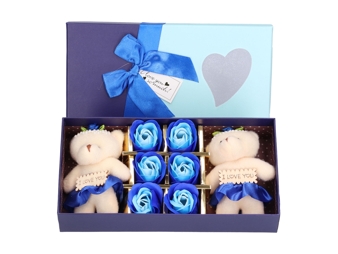 Caixa de Presente com Urso e Flores de Sabão Artificial | S/MARCA
