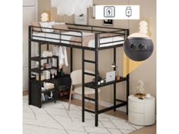 Cama Mezanino Preta 90x200cm Ferro, Escrivaninha, Usb, Prateleiras (s/ Colchão).-op
