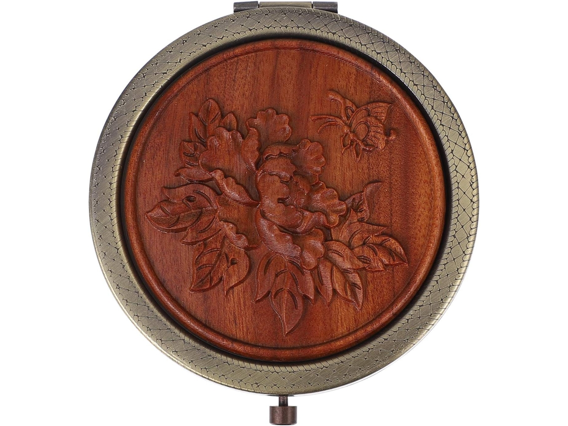 Espelho de maquiagem portátil de dupla face, feito de madeira, criativo e elegante para cosméticos.