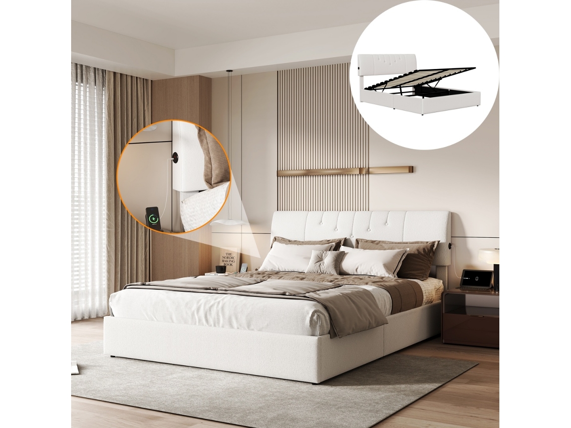 Cama Estofada 90x200cm com Armazenamento, Led/USB, Estrado e Cabeceira, Linho Cinza BURSDANY