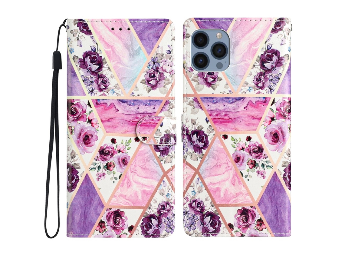 Capa Pega Flores Roxas Para Iphone 15 Pro Pele Sintética
