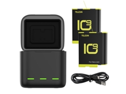 Carregador de baterias Telesin 2026 para GoPro Hero 11/10/9 com 2 baterias de 1750mAh e slots de armazenamento TF.