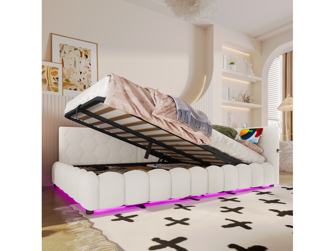 Daybett 140x200cm Sofa Cama Com Led Usb Typ-c Mecanismo Hidráulico Branco
