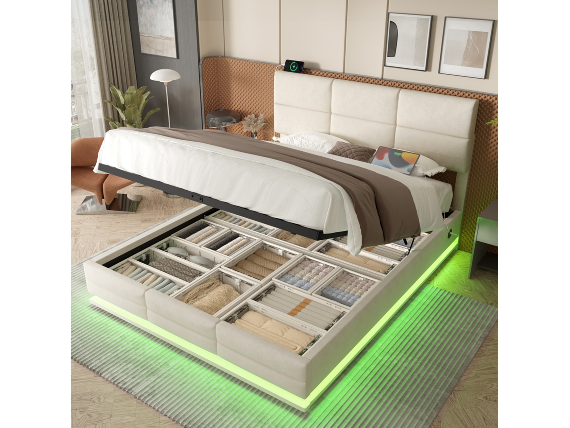 Cama Veludo 140x200 Cabeceira Ajustável Usb Led Baú