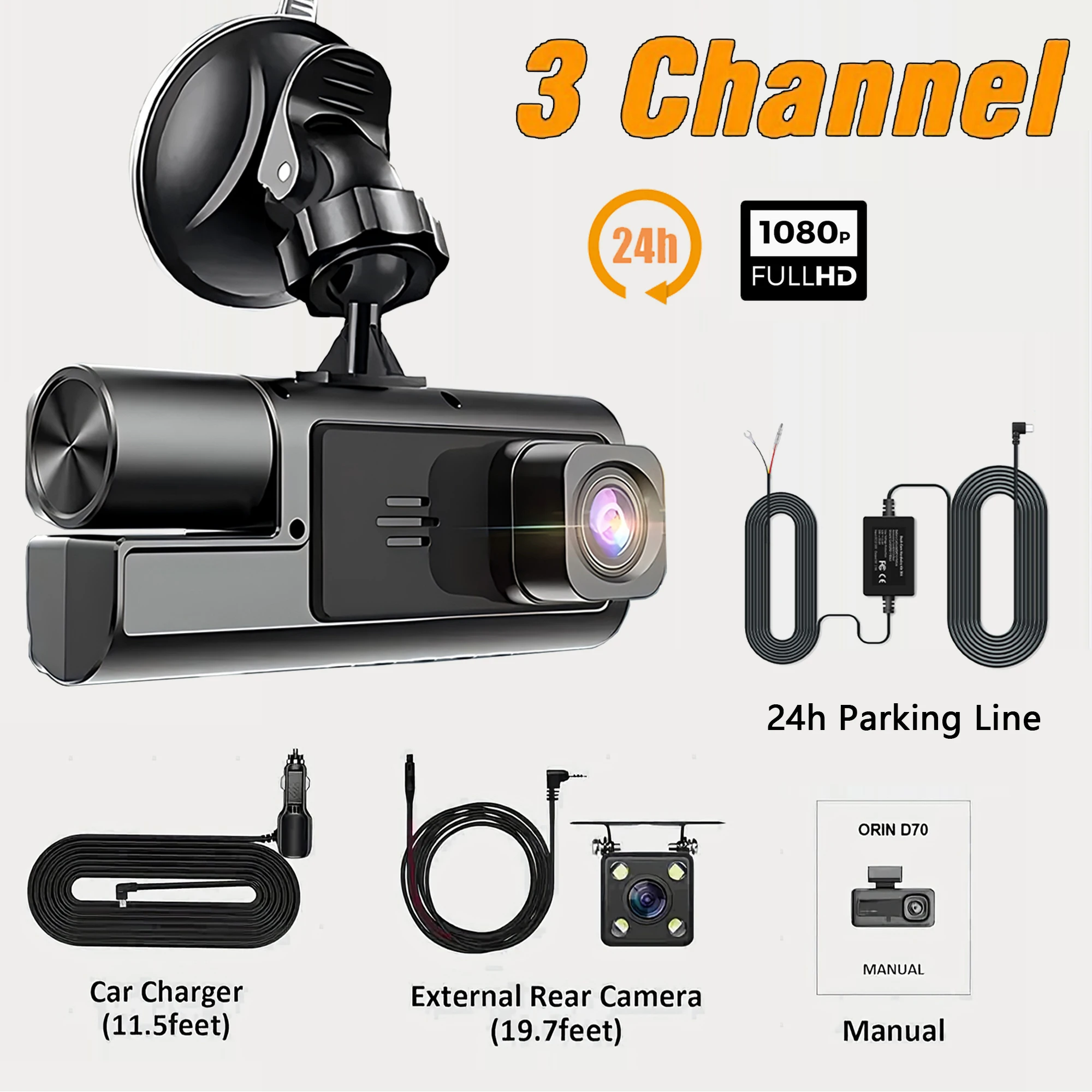 (cartão Sd De 32 Gb, 3 Lentes, Kit Com Fio) Gravador De Estacionamento Dvr Para Carro 1080p Com Visão Noturna E Gravação 24 Horas