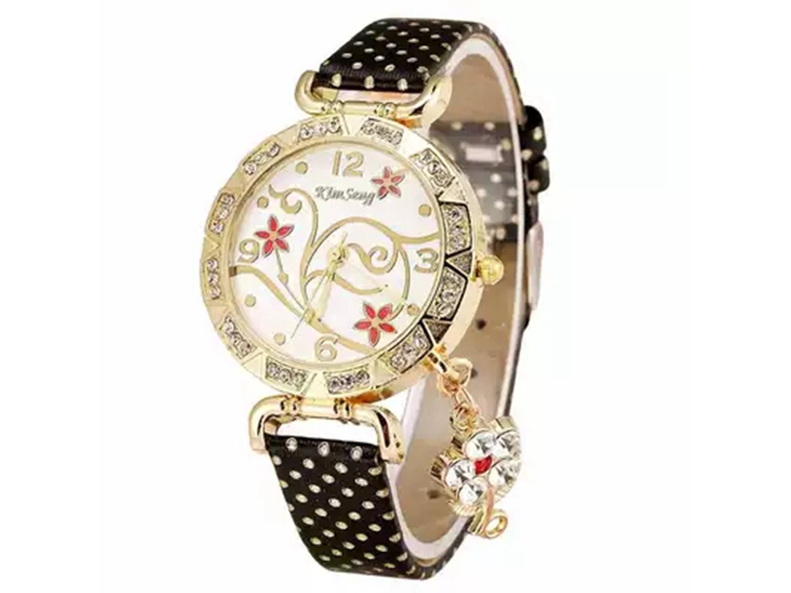 Relógio de Pulso Feminino com Strass e Padrão Floral em Couro Pu Preto