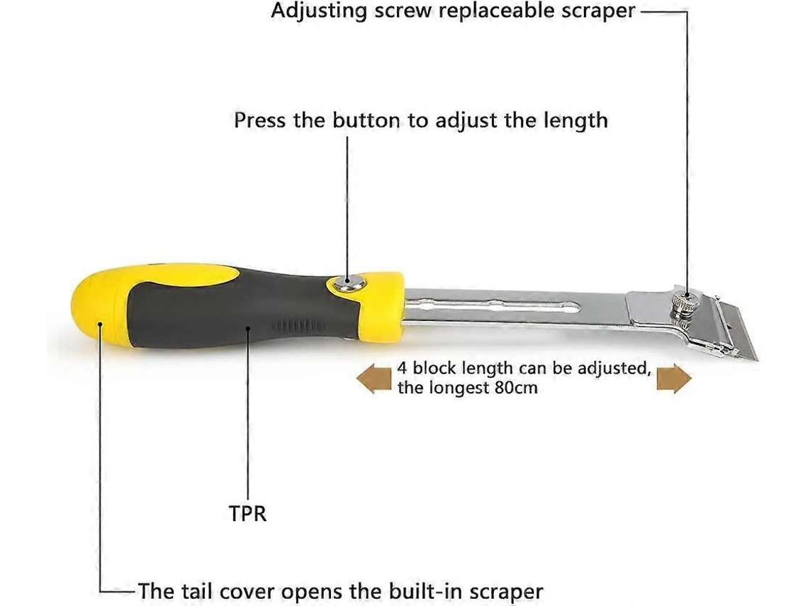 Raspador ajustável para remover cola de azulejos, limpeza de janelas, espelhos, pisos, ferramenta retrátil com 4 lâminas | S/MARCA