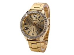 Relógio Feminino de Moda com Pulseira de Aço Inoxidável e Strass Quartzo Dourado