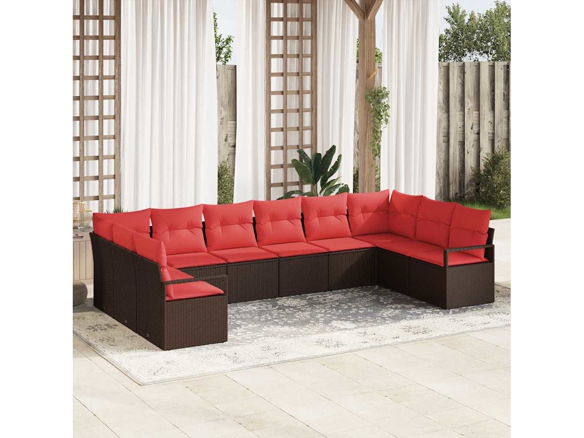 Vidaxl Conjunto De Sofá De Jardim 10 Pcs Marrom E Vermelho Vime Pe