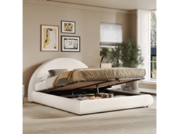 Cama Casal 180x200cm Armazenamento Hidráulico Cabeceira Acolchoada Branco Bouclé