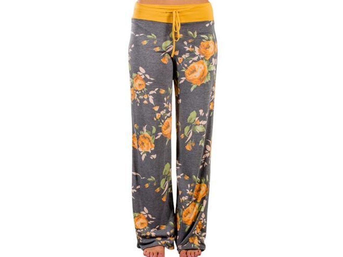 2026 pantalones de Descanso Amplios Con Estampado Floral Elástico Y Cordón Ajustable para Mujer S Amarillo