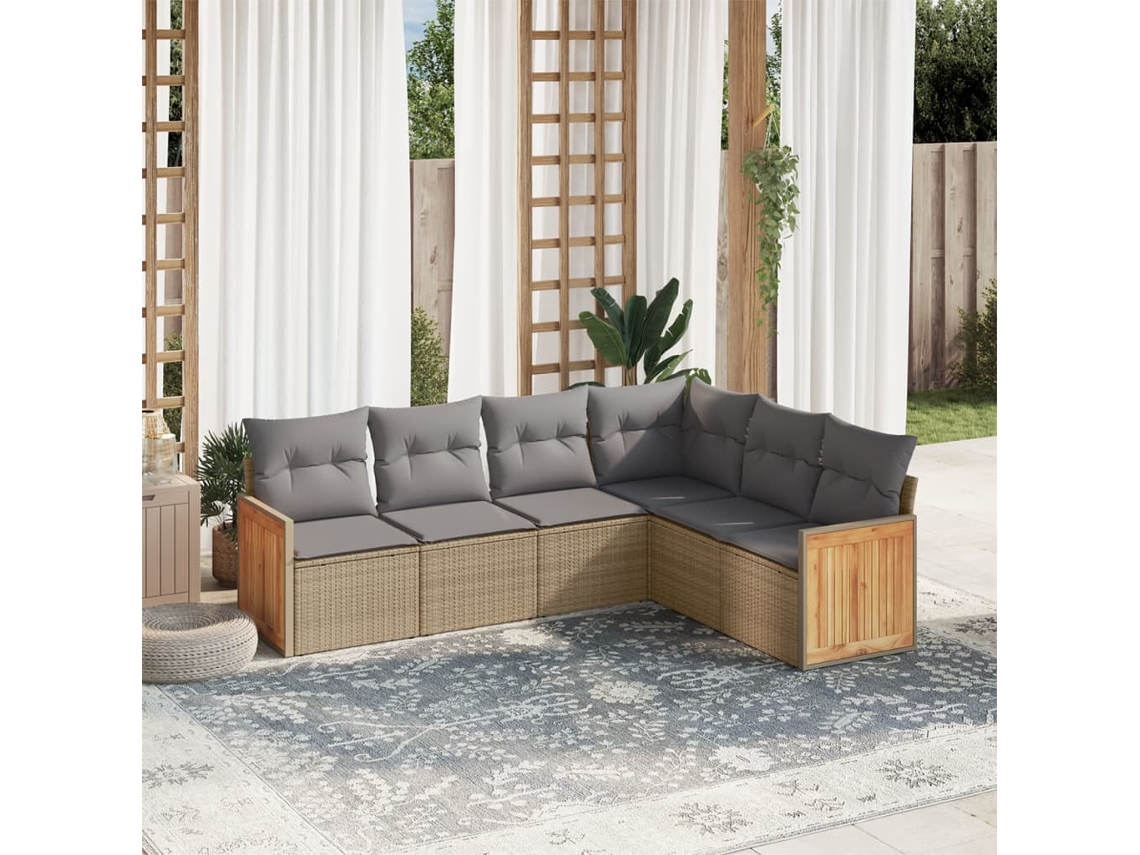 Vidaxl 6 Pcs Conjunto De Sofás P/ Jardim Com Almofadões Vime Pe Bege