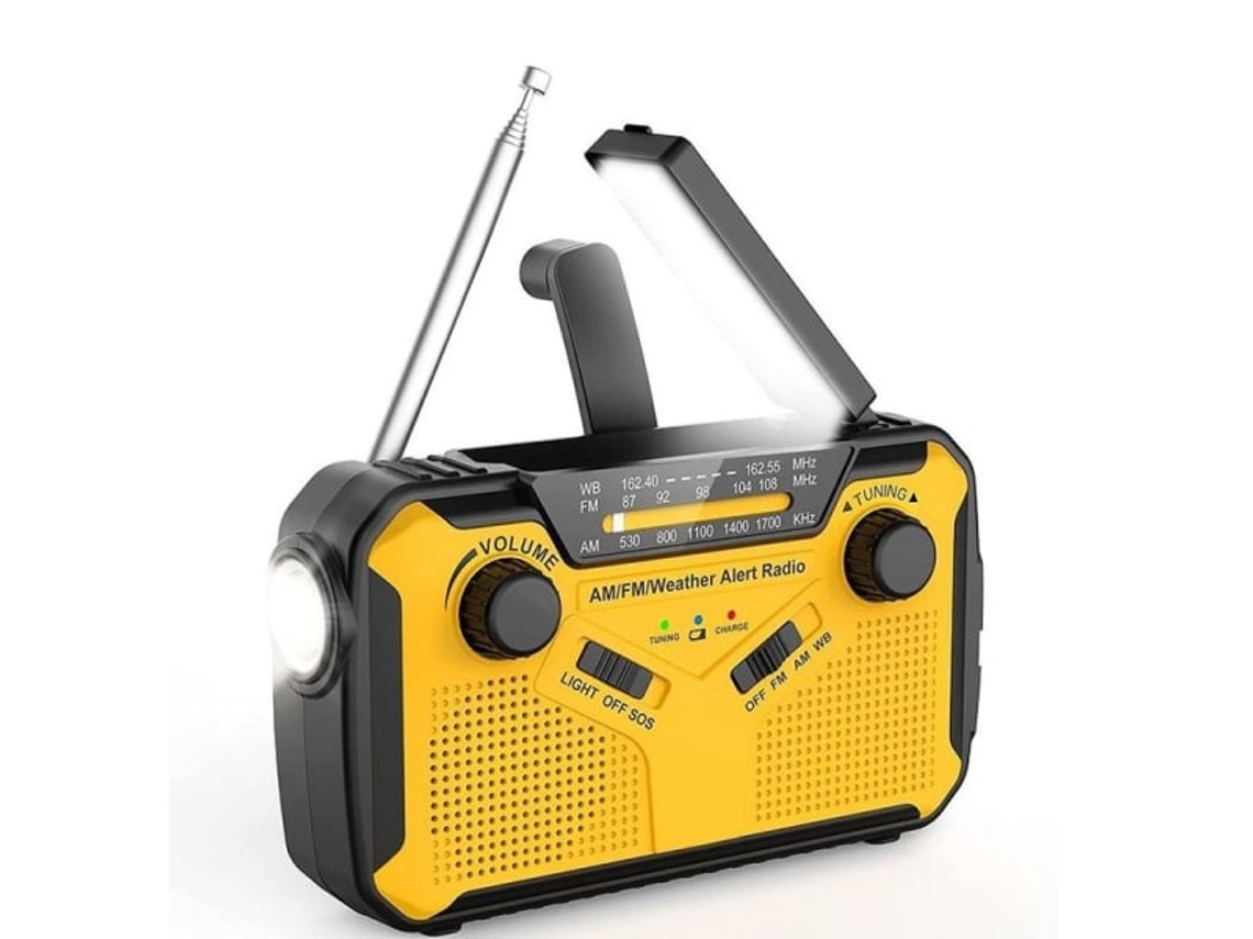 RÁDIO DE EMERGÊNCIA AQUAFORGE com célula solar, FM/AM, manivela, lanterna LED, 2000mah, amarelo