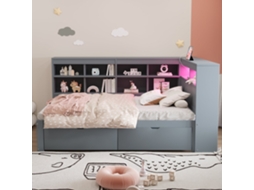 Sofá cama 90x200cm em madeira maciça, com gavetas, Usb, tomada, led, resistente 120kg, cinza KOMHTOM