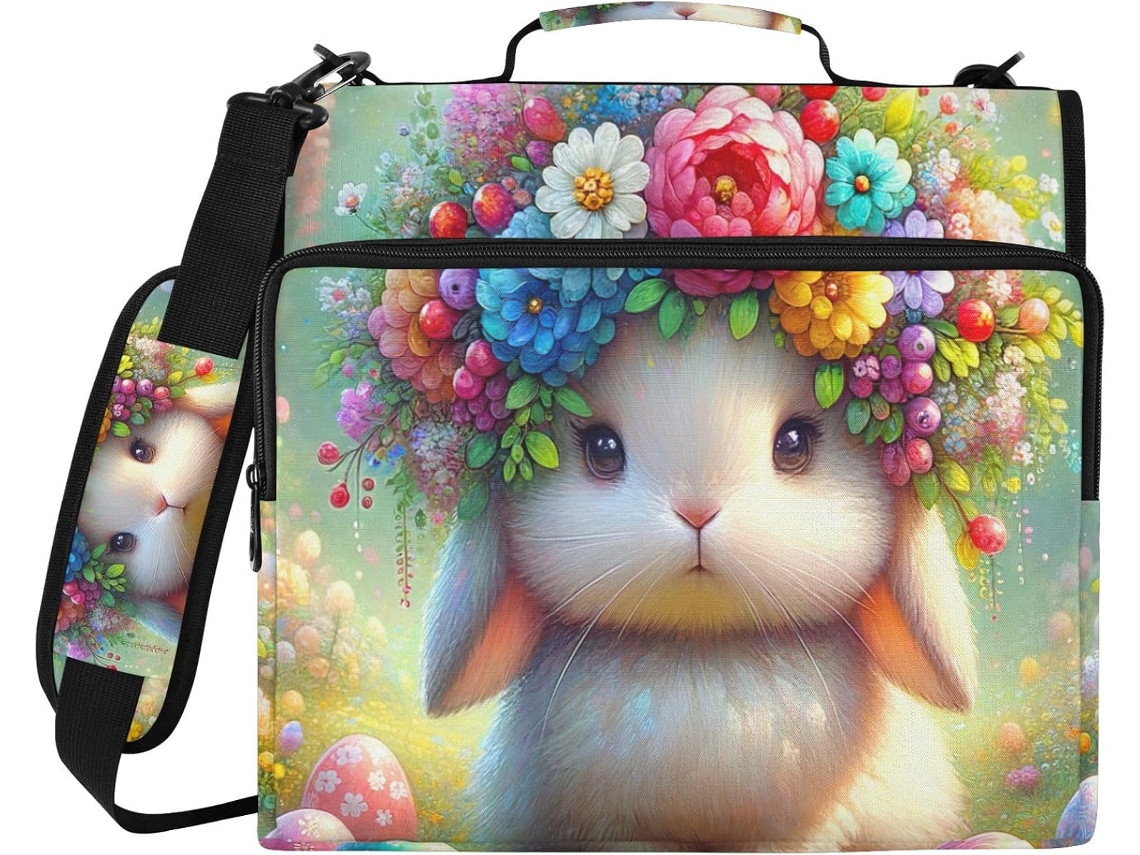 Organizador Floral em Formato Coelho com Zíper, Armazenamento com 3 Argolas para Laptop e Documentos, Resistente a À
