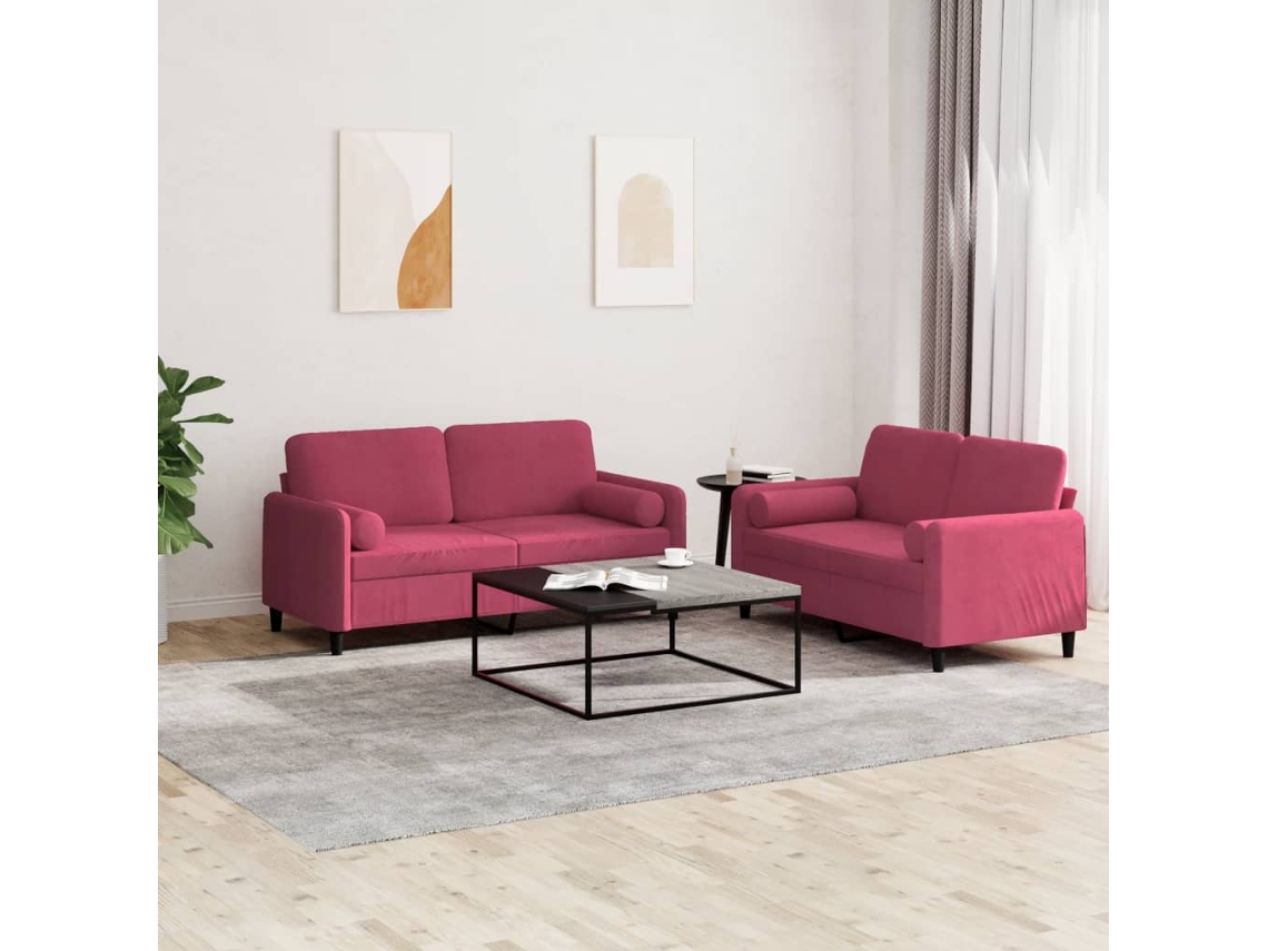Vidaxl 2 Pcs Conjunto De Sofás Com Almofadas Veludo Vermelho-tinto
