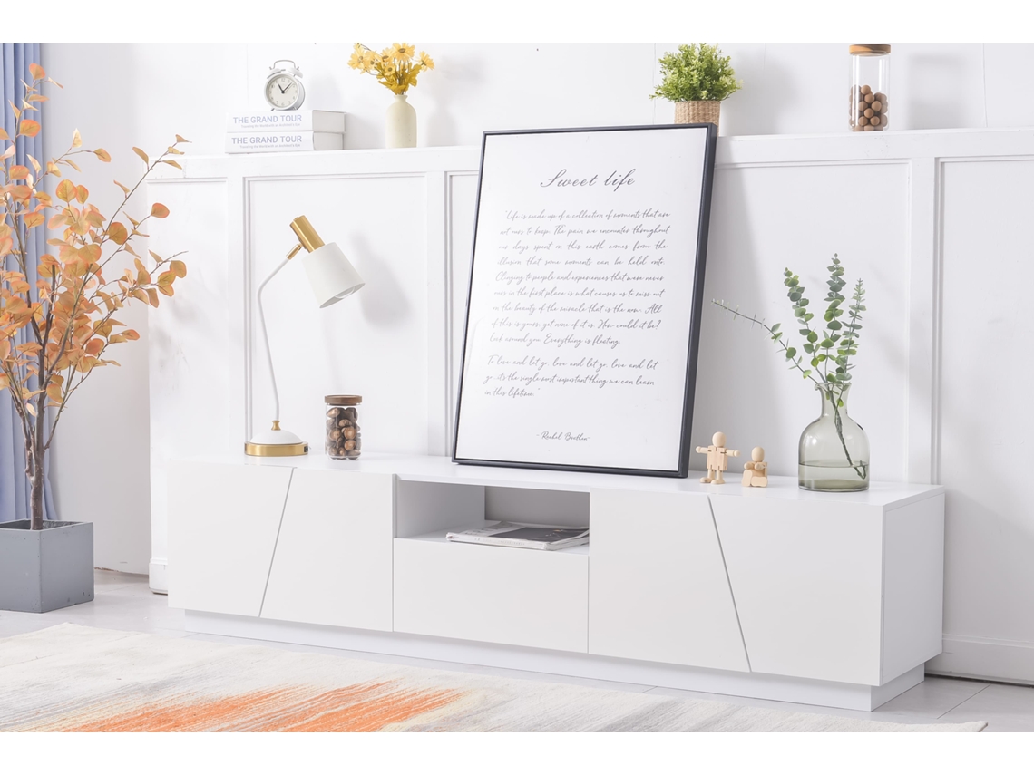 Móvel de TV Escandinavo 170 cm em MDF com 2 Portas, 1 Gaveta e 1 Compartimento, Estilo Contemporâneo, Branco