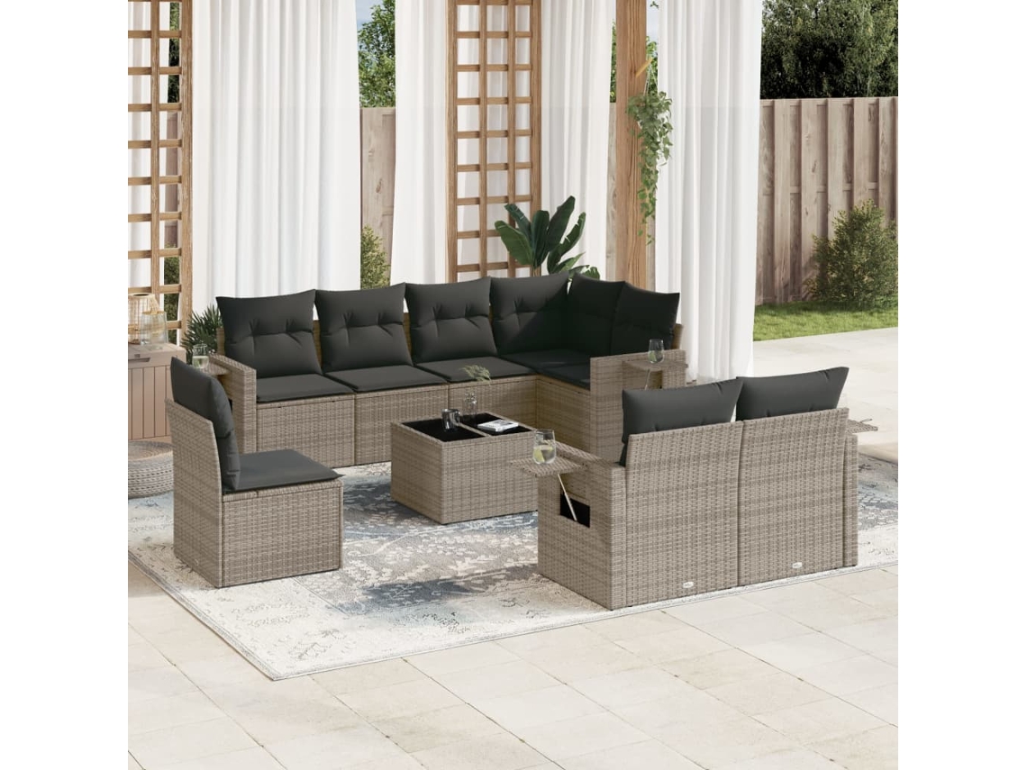 Jogo 9 Peças Sofás P/ Jardin Com Almofadões Vime Pe Cinza Dkd Home Decor