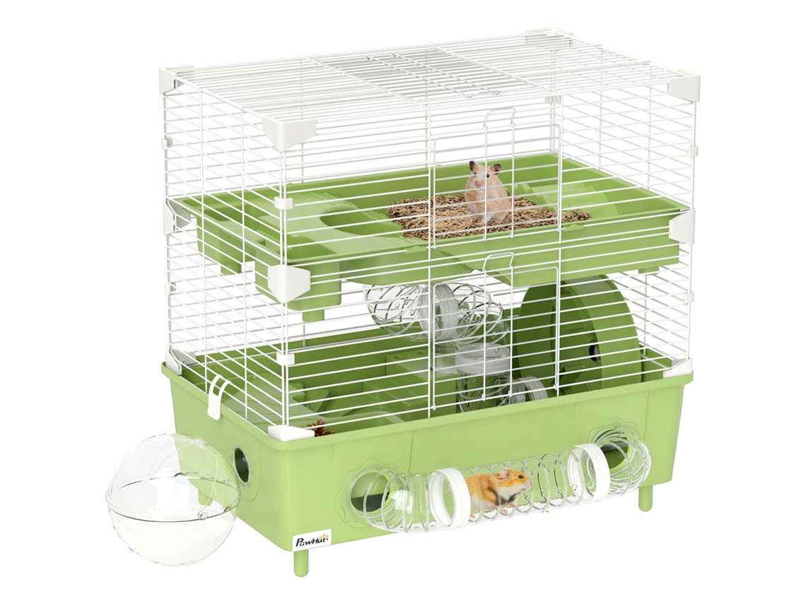 Gaiola de Hamster com 2 Andares e Banheiro de Areia com Roda de Corrida, 44,5x28x44cm, Verde