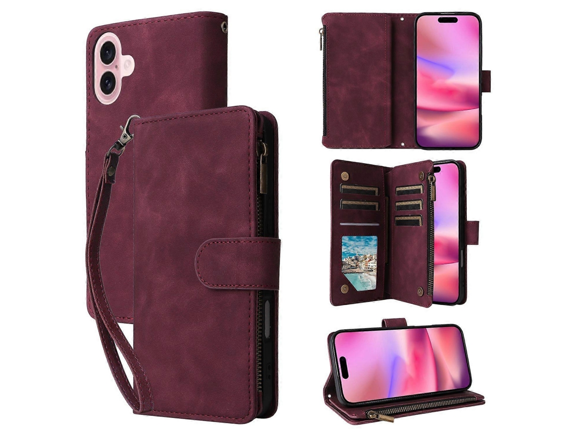 Capa Carteira Compatível Com Iphone 17 Com Zíper, Vários Compartimentos Para Cartão, De Couro Para Celular Com Alça De Pulso, Vinho R