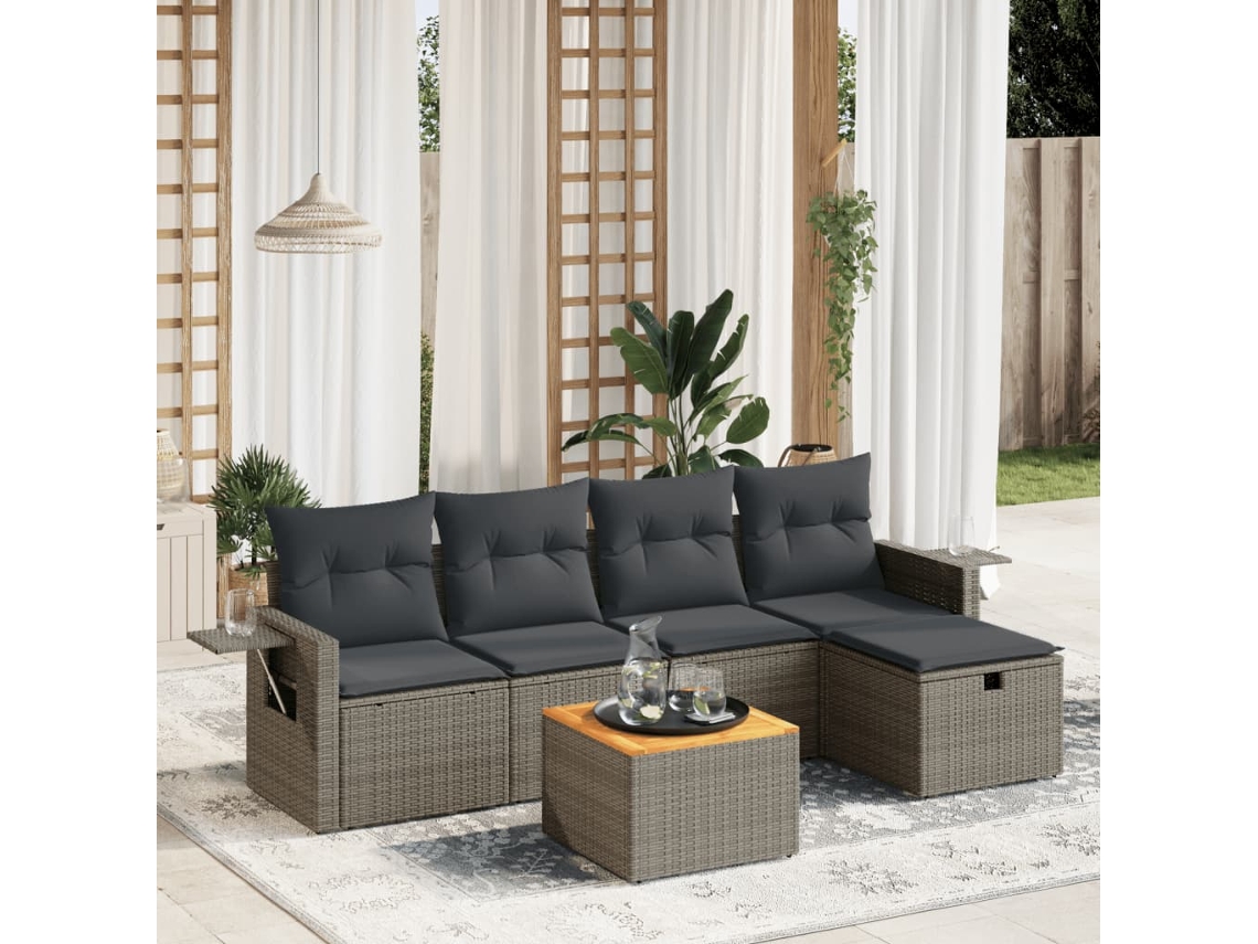 Vidaxl 6 Pcs Conjunto Sofás De Jardim Com Almofadões Vime Cinzento
