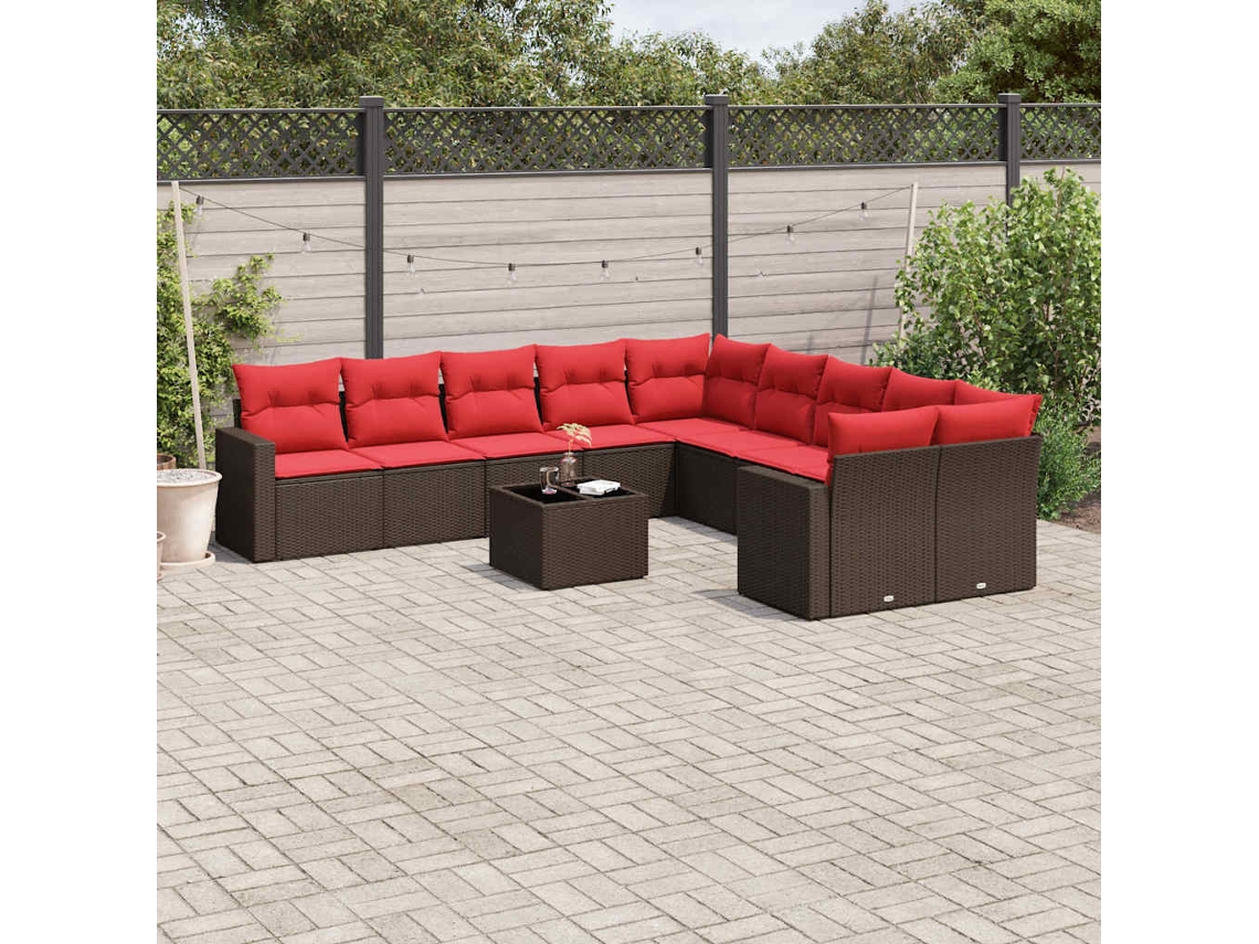 Vidaxl 11 Pcs Conjunto Sofás De Jardim C/ Almofadões Vime Pe Castanho