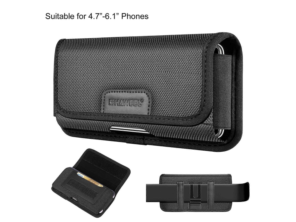 Estojo Horizontal Para Celular Haweel De 4,7 A 6,1 Polegadas Em Tecido De Nylon Com Clipe Para Cinto E Compartimento Para Cartão (preto)