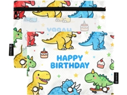 Pasta Com Zíper, Estampa De Dinossauro Desenho Animado Feliz Aniversário, Com Janela Transparente, Estojo Para Lápis
