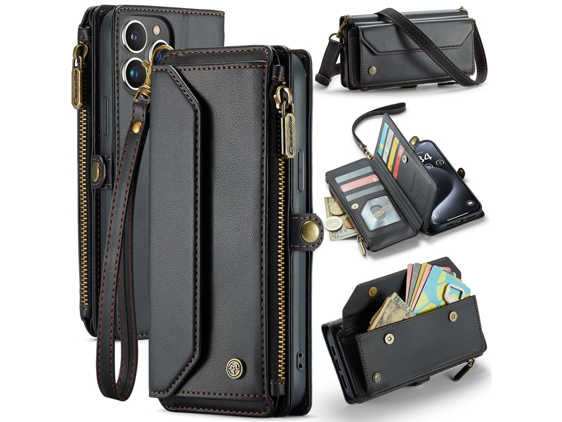 Capa De Couro Multifuncional Para Celular Com Zíper E Aba.preto - Iphone 6p/7p/8plus