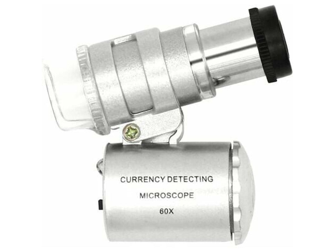 Lupa Microscópio de Bolso com Led Ajustável 60x e Luz Uv para Detecção de Moedas e Notas Falsas
