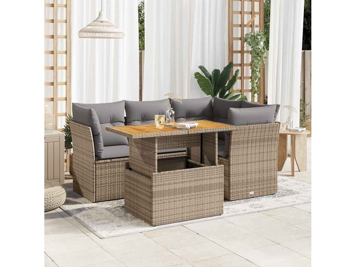 Vidaxl 5 Pcs Conjunto De Sofás P/ Jardim Com Almofadões Vime Pe Bege