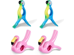 Prendedores de toalha de praia, prendedores grandes de plástico para roupas e toalhas com estampa de flamingo e papagaio.