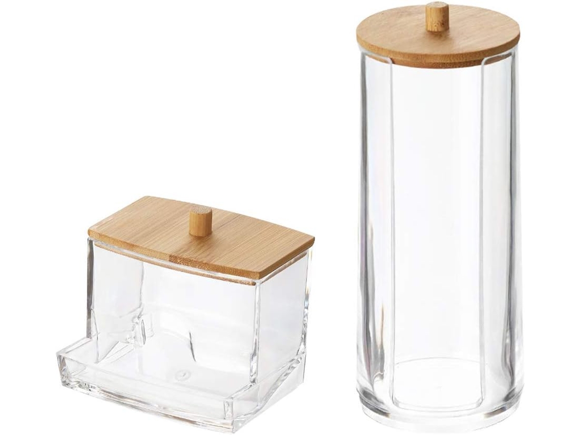 Conjunto De 2 Peças Para Armazenamento De Maquiagem Porta Algodão Em Acrílico Com Tampa De Bambu E Recipiente Transparente Para Cotonetes. Aquaforge