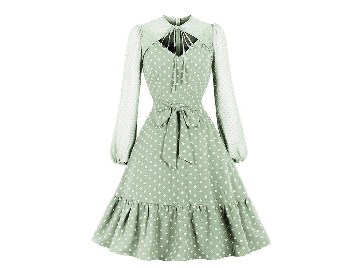 2026 vestido A line Vintage Mujer Con Puntos, Mangas Largas, Encaje Y Volantes de Moda Casual