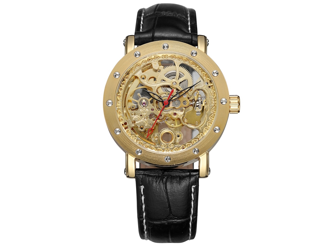 Relógio mecânico masculino Forsining, vazado e à prova d'água, com capa de couro PU, dourado e preto.