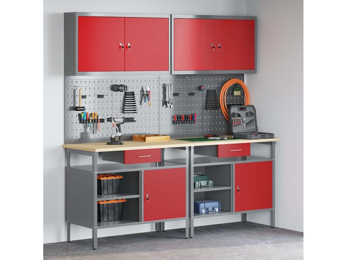 Vidaxl Conjunto De Bancada De Trabalho 8 Pcs Vermelho E Cinza