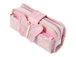 2026rebe estuche de Lápices Linjou de Gran Capacidad, Canvas Reversible Con Purpurina, Rosa, 3 Compartimentos