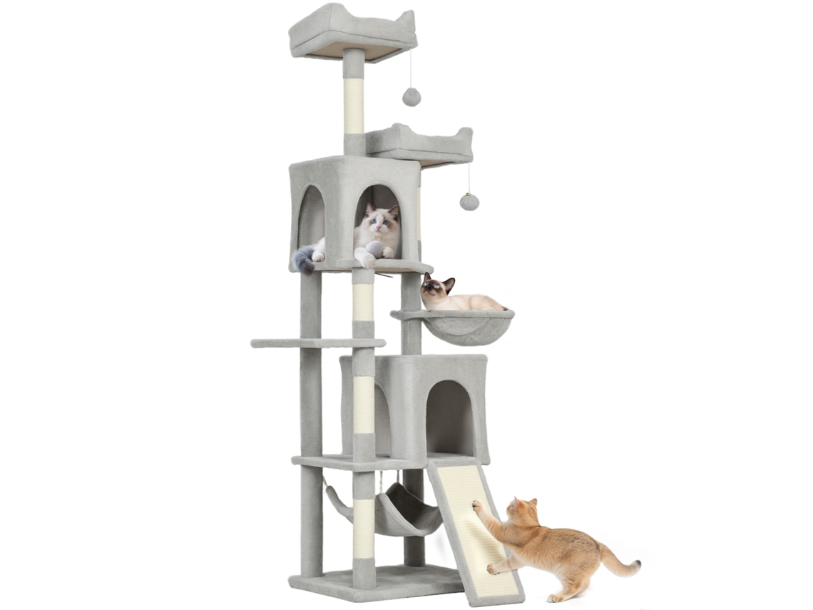 Árvore Para Gatos, Torre De Brincar Para Gatos, 3 Plataformas, 2 Nichos, 2 Camas, 2 Redes, 1 Escada, Altura 177 Cm, Cinza Claro