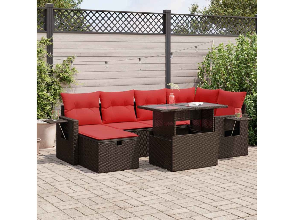 Vidaxl 7 Pcs Conjunto Sofás Jardim C/ Almofadões Vime Pe/acácia Castanho