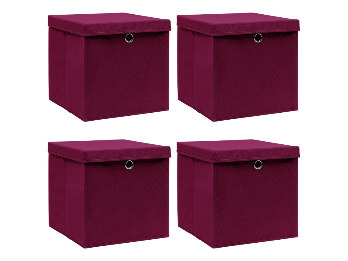 Vidaxl Caixas Arrumação C/ Tampas 4pcs 32x32x32cm Tecido Vermelho Esc.
