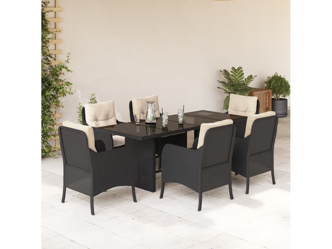 Vidaxl 7 Pcs Conjunto de Jantar P/ Jardim C/ Almofadões Vime Pe Preto