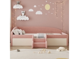 Sofá-cama Infantil Multifuncional Estofado, 90x190 Cm, Com Degraus E Grades De Proteção, Veludo Macio, Rosa E Branco Creme (colchão Não Incluído).
