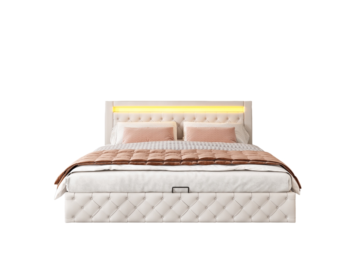 Cama estofada 180x200cm com estrado de ripas, armazenamento e iluminação led, branca, em pu PAPRIKA