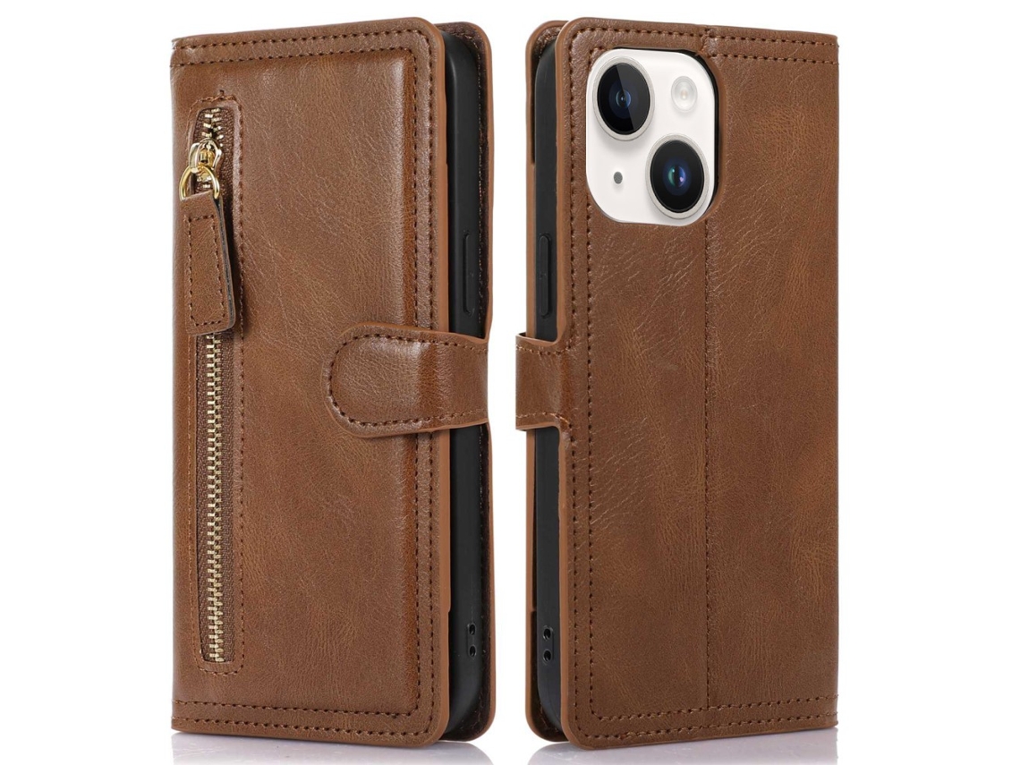 Capa Para Iphone 14 Plus Pele Sintética Anti-choque Anti-riscos Magnética Castanho