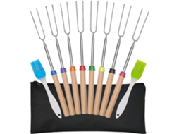 Conjunto De 8 Espetos Extensíveis Em Aço Inoxidável Com Cabos Madeira Para Fogueiras E Lareiras, Multicoloridos, Com 2 Escovas