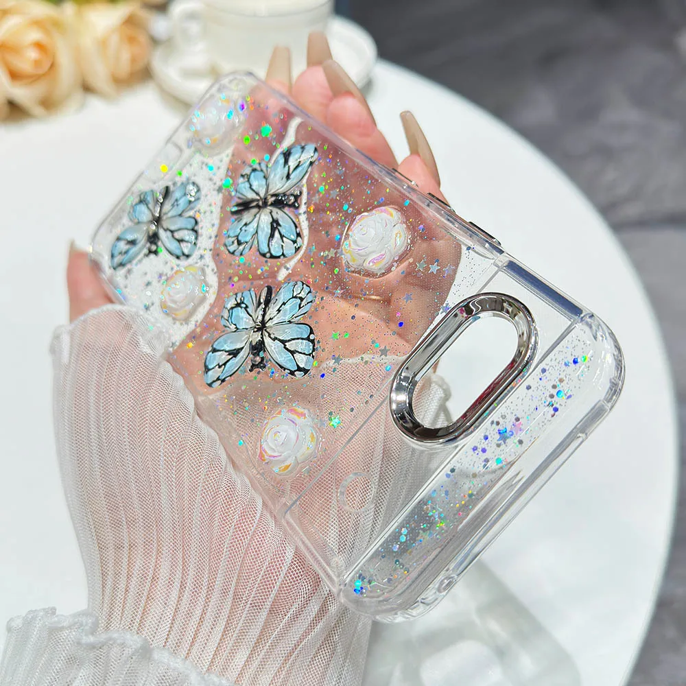 (pixel 10 Azul) Capa Macia Prateada Com Glitter E Estampa De Borboleta E Rosa
