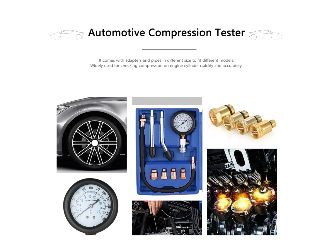 Kit Testador de Pressão de Cilindro Automotivo 0.21 Kg/cm³ com Mangueira e Adaptadores | S/MARCA